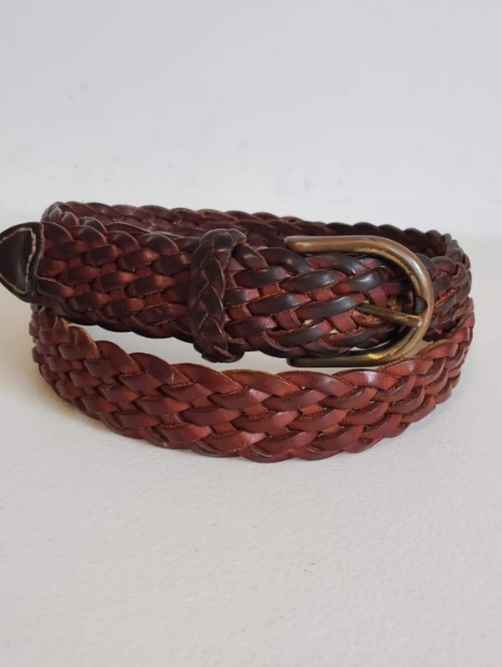 VTG Italian Brown Braided Burnished Aged Leather Belt Woven Mens Sz 38 #20736N